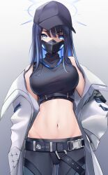 Rule 34 | 1girl, bare shoulders, baseball cap, belt, black hat, black pants, black shirt, blue archive, blue eyes, blue hair, breasts, coat, cowboy shot, crop top, gradient background, halo, hand on own hip, hat, highres, large breasts, long hair, long sleeves, looking at viewer, mask, midriff, mouth mask, navel, off shoulder, open clothes, open coat, pants, ry thae, saori (blue archive), shirt, sleeveless, sleeveless shirt, solo, standing, stomach, white background, white coat