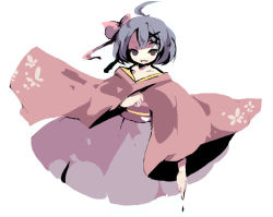 Rule 34 | 1girl, ahoge, brown eyes, collarbone, expressionless, full body, japanese clothes, keko, kimono, long sleeves, looking at viewer, original, parted lips, purple hair, shaded face, shoes, simple background, solo, white background, wide sleeves