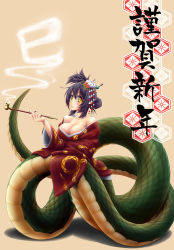 Rule 34 | 1girl, bare shoulders, breasts, cleavage, flower, hair flower, hair ornament, hair up, highres, japanese clothes, kimono, kiseru, lamia, large breasts, men ori, monster girl, nail polish, new year, off shoulder, original, smoking pipe, scales, smoking, snake tail, solo, tail, yellow eyes, yuujo