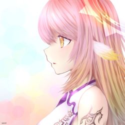 Rule 34 | 10s, 1girl, artist request, spiked halo, crop top, cross, gradient hair, halo, jibril (no game no life), long hair, magic circle, multicolored hair, no game no life, parted lips, pink hair, portrait, solo, symbol-shaped pupils, tattoo, wing ears, yellow eyes