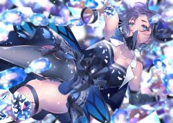 Rule 34 | 1girl, absurdres, ahoge, amputee, asakura toru, bare shoulders, black ribbon, black thighhighs, blue eyes, blue hair, blurry, blurry background, breasts, brown hair, commentary request, detached sleeves, dress, film grain, gem, gradient hair, hair ribbon, highres, idolmaster, idolmaster shiny colors, layered skirt, looking at viewer, medium breasts, missing limb, multicolored hair, puni (punycolors), ribbon, shatter, shattered, short dress, short hair, single thighhigh, skindentation, skirt, solo, strapless, strapless dress, thighhighs, thighs, vest