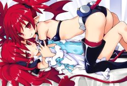 Rule 34 | 2girls, ass, boots, breasts, demon girl, demon tail, demon wings, disgaea, disgaea d2, etna (disgaea), flat chest, iwashi dorobou -r-, looking at viewer, makai senki disgaea, mini wings, multiple girls, pointy ears, red hair, slit pupils, small breasts, smile, tail, thigh boots, thighhighs, thighhighs under boots, wings