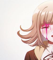 Rule 34 | 1girl, blood, blood on face, blush, brown jacket, closed eyes, collared shirt, commentary, criis-chan, danganronpa (series), danganronpa 3 (anime), jacket, light brown hair, nanami chiaki, open mouth, pink blood, red ribbon, ribbon, shirt, simple background, solo, spoilers, symbol-only commentary, white background, white shirt