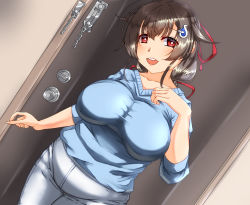 Rule 34 | 1girl, black hair, blue shirt, breasts, broken, broken chain, chain, chain, collarbone, doorway, hair flaps, hair ornament, hairclip, highres, indoors, jingei (kancolle), kantai collection, large breasts, long hair, low ponytail, open door, pants, red eyes, shigatsu (soratobuusagi), shirt, solo, standing, whale hair ornament, white pants