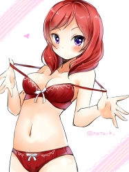 Rule 34 | 10s, 1girl, blush, bow, bow bra, bow panties, bra, breasts, collarbone, heart, highres, looking at viewer, love live!, love live! school idol project, medium breasts, natsu (natume0504), navel, nishikino maki, panties, purple eyes, red bra, red hair, red panties, sketch, solo, strap pull, twitter username, underwear, underwear only, white background
