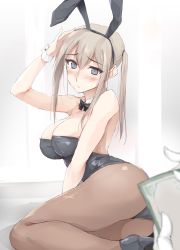 Rule 34 | 1girl, animal ears, ass, bare shoulders, blonde hair, blush, breasts, rabbit ears, cleavage, detached collar, fake animal ears, graf zeppelin (kancolle), grey eyes, hair between eyes, high heels, highres, kantai collection, large breasts, long hair, looking at viewer, pantyhose, playboy bunny, pumps, shoes, sidelocks, solo, tsurime, twintails, wrist cuffs, zekkyon