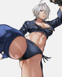 Rule 34 | 1girl, absurdres, angel (kof), black gloves, black jacket, blue eyes, boots, breasts, chaps, cleavage, cropped jacket, fingerless gloves, gloves, gradient background, hair over one eye, highres, jacket, kicking, large breasts, looking at viewer, midriff, short hair, silver hair, smile, snk, solo, the king of fighters, thighs, yoshio (55level)