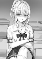 Rule 34 | 1girl, absurdres, braid, breasts, buttons, chair, classroom, collarbone, collared shirt, commentary request, crossed arms, crossed bangs, crossed legs, desk, disgust, dress shirt, earrings, floor, furrowed brow, greyscale, hair intakes, hair ornament, hair over shoulder, hairclip, head tilt, highres, indoors, jewelry, long hair, looking at viewer, loose clothes, loose neck ribbon, loose shirt, medium breasts, miyamae nonoa, momoko (momopoco), monochrome, neck ribbon, necklace, novel illustration, official art, parted bangs, parted lips, pleated skirt, ponytail, puffy short sleeves, puffy sleeves, ribbon, school chair, school desk, school uniform, shirt, short sleeves, sidelocks, single braid, skirt, socks, solo, star (symbol), star hair ornament, sweatdrop, swept bangs, teeth, tokidoki bosotto roshia-go de dereru tonari no arya-san