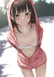 Rule 34 | 1girl, arms behind back, bikini, blurry, blurry background, blush, breasts, brown hair, closed mouth, collarbone, commentary request, hood, hooded jacket, jacket, jonsun, looking at viewer, misaki (jonsun), original, pink jacket, small breasts, solo, standing, swimsuit, thighs, twitter username, white bikini, yellow eyes