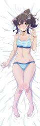 Rule 34 | 10s, 1girl, absurdres, arm above head, bare legs, barefoot, bead bracelet, beads, bed sheet, bikini, blue bikini, blush, bracelet, breasts, brown eyes, brown hair, collarbone, dakimakura (medium), from above, full body, gluteal fold, hand in own hair, harukana receive, higa kanata, highres, incredibly absurdres, jewelry, looking at viewer, lying, navel, official art, on back, open mouth, ponytail, small breasts, solo, sweat, swimsuit, wide hips