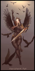 Rule 34 | 1girl, :d, absurdres, alternate costume, armor, black border, black wings, blonde hair, blood, bloody tears, border, contrapposto, fantasy, flying, gloves, gradient background, highres, hood, kayle (league of legends), league of legends, naidong (artist), open mouth, pauldrons, red eyes, shoulder armor, skin tight, smile, solo, standing, sword, weapon, wings