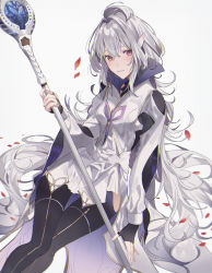 Rule 34 | 1girl, black gloves, black thighhighs, blush, commentary request, fate/grand order, fate (series), fingerless gloves, gloves, grey background, grin, highres, holding, holding staff, long hair, looking at viewer, merlin (fate/prototype), merlin (fate/prototype) (second ascension), petals, purple eyes, robe, rose petals, side slit, sidelocks, silver hair, simple background, sitting, smile, solo, staff, thighhighs, very long hair, yurumawari
