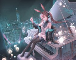 Rule 34 | 1girl, amiya (arknights), animal ears, arknights, bare shoulders, conductor baton, black coat, black footwear, black pantyhose, black skirt, blue eyes, blush, brown hair, building, city, closed mouth, coat, full body, headphones, holding, indoors, instrument, jewelry, lamo, long hair, long sleeves, looking at viewer, miniskirt, night, off shoulder, open clothes, open coat, orb, ozzingo, pantyhose, piano, plaid, plaid skirt, ponytail, rabbit ears, rabbit girl, ring, shirt, shoes, sitting, skirt, smile, white shirt, window