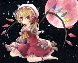 Rule 34 | 1girl, bad id, bad pixiv id, blonde hair, bow, corset, fang, female focus, flandre scarlet, hat, kinoto (moc), moon, no shoes, red eyes, red moon, side ponytail, sitting, smile, socks, solo, stuffed animal, stuffed toy, teddy bear, touhou, tulipano nero, wariza, wings
