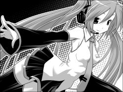 Rule 34 | detached sleeves, foreshortening, greyscale, hatsune miku, headset, hermmy, highres, long hair, monochrome, necktie, skirt, solo, thighhighs, twintails, vocaloid