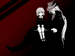 Rule 34 | 161, 1boy, 1girl, black theme, cigarette, full body, gin (detective conan), gin (meitantei conan), haibara ai, hat, height difference, hidden eyes, long hair, meitantei conan, red background, short hair, sitting, sitting on person, size difference, skirt