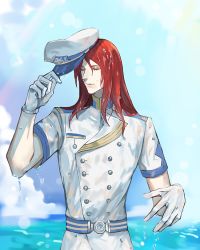 Rule 34 | 1boy, closed eyes, fate/grand order, fate (series), gloves, hat, unworn hat, unworn headwear, holding, holding clothes, holding hat, knights of marines, long hair, male focus, red hair, sailor, sailor hat, solo, tristan (fate), water, wet, wet clothes, wet hair, white gloves, yepnean