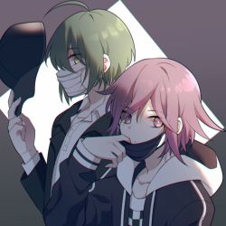 Rule 34 | 2boys, ahoge, alternate costume, baseball cap, black jacket, brown eyes, checkered clothes, checkered shirt, commentary request, danganronpa (series), danganronpa v3: killing harmony, from side, green hair, grey background, hat, holding, holding clothes, holding hat, hood, hood down, hooded jacket, jacket, long sleeves, male focus, mask, mask pull, mouth mask, multiple boys, oma kokichi, open clothes, open jacket, pink hair, profile, qiao xing, saihara shuichi, shirt, simple background, two-tone background, unworn hat, unworn headwear, upper body, white background, white jacket, white shirt