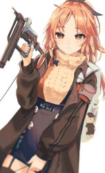 Rule 34 | 1girl, aran sweater, arknights, backpack, bag, black thighhighs, blue bag, blue nails, blue skirt, blurry, brown coat, buttons, cable knit, coat, cowboy shot, dutch angle, feather hair, garter straps, gun, high-waist skirt, holding, holding gun, holding weapon, long hair, looking at viewer, mole, mole under eye, nail gun, nail polish, open clothes, open coat, orange eyes, orange hair, pinecone (arknights), red nails, skirt, solo, suspender skirt, suspenders, sweater, tetotu, thighhighs, two-tone nails, weapon