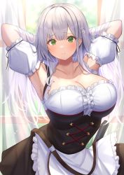 Rule 34 | 1girl, apron, armpits, breasts, collarbone, corset, detached sleeves, dress, flower, frilled dress, frills, green eyes, hair between eyes, hair flower, hair ornament, highres, hololive, large breasts, long hair, maid apron, menmen (menmen13s), mole, mole on breast, off-shoulder sweater, off shoulder, shirogane noel, shirogane noel (dirndl), short sleeves, sweater, very long hair, virtual youtuber