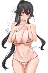 Rule 34 | 1girl, alternate breast size, bikini, black hair, breasts, cleavage, closed mouth, commentary request, commission, cowboy shot, crotchless, crotchless bikini, cupless bikini, hair between eyes, hair ribbon, halterneck, hands up, heart, highres, kantai collection, large breasts, long hair, looking at viewer, navel, nipples, no pussy, partial commentary, ponytail, red eyes, ribbon, skeb commission, smile, solo, string bikini, swimsuit, toshimasa (ztvy3575), variant set, very long hair, white background, white ribbon, yahagi (kancolle), yahagi kai ni (kancolle)