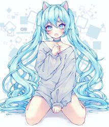 Rule 34 | 1girl, animal ears, anny (yoai), aqua eyes, aqua hair, bell, blue eyes, blue hair, blush, bottomless, cat ears, cat girl, choker, clothes tug, collarbone, eyelashes, fang, full body, grey sweater, hair between eyes, hand up, hatsune miku, highres, kemonomimi mode, long hair, long sleeves, looking at viewer, neck bell, open mouth, sleeves past wrists, solo, square, sweater, sweater tug, twintails, twitter username, very long hair, vocaloid, white background