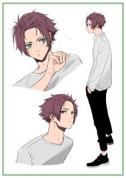 Rule 34 | 1boy, black pants, blue lock, brown hair, closed mouth, commentary, full body, green eyes, hand in own hair, highres, itoshi sae, long sleeves, looking at viewer, male focus, muymu, pants, shirt, short hair, sideways glance, simple background, standing, upper body, white background, white shirt
