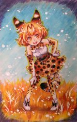 Rule 34 | 10s, 1girl, animal ears, blonde hair, boots, bow, bowtie, commentary request, csiguli, elbow gloves, full body, gloves, hand on own hip, hand on own knee, high-waist skirt, highres, kemono friends, marker (medium), multicolored hair, serval (kemono friends), serval print, serval tail, short hair, skirt, sleeveless, solo, tail, thighhighs, traditional media