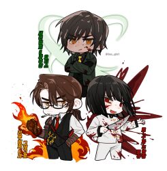 Rule 34 | 1boy, 2girls, black pants, black vest, blood, blood on face, brown hair, chibi, closed mouth, fire, gauntlets, glasses, gregor (project moon), highres, holding, holding knife, jacket, knife, korean text, limbus company, limc gil41, looking at viewer, low ponytail, multiple girls, orange eyes, outis (project moon), pants, project moon, red eyes, ryoshu (project moon), short hair, simple background, smile, translation request, vest, white background, white jacket, white pants
