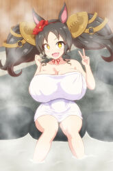 Rule 34 | + +, :d, animal ears, big hair, breasts, brown hair, cleavage, drill hair, fang, fence, highres, horse ears, horse girl, huge breasts, isemagu, long hair, marvelous sunday (umamusume), naked towel, onsen, open mouth, orange eyes, paid reward available, shortstack, side drill, smile, soaking feet, steam, towel, twintails, umamusume, v, very long hair, wooden fence