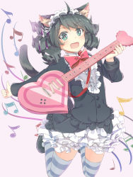 Rule 34 | 10s, 1girl, absurdres, animal ears, black hair, blush, cat ears, cat tail, curly hair, cyan (show by rock!!), green eyes, guitar, highres, instrument, looking at viewer, seneto, show by rock!!, smile, solo, strawberry heart (show by rock!!), striped clothes, striped thighhighs, tail, thighhighs