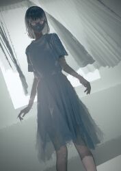 Rule 34 | 1girl, absurdres, backlighting, closed mouth, commentary, curtains, dutch angle, feet out of frame, highres, looking at viewer, natari, negative, original, red eyes, shirt, short hair, short sleeves, skirt, solo, standing, window