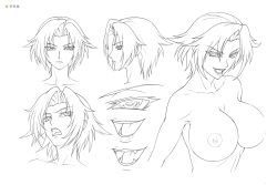 Rule 34 | 1girl, breasts, character sheet, covered erect nipples, fangs, female focus, kagami hirotaka, koutetsu no majo anneroze, large breasts, lee mayfeng, lilith-soft, looking at viewer, monochrome, multiple views, nude, official art, short hair, smile, translation request, white background