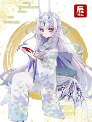 Rule 34 | 1girl, 2024, bowl, cup, dragon horns, fate/grand order, fate (series), floral background, floral print kimono, happy new year, highres, holding, holding bowl, horns, japanese clothes, kimono, looking at viewer, melusine (fate), new year, sakazuki, sitting, solo, white hair, wings, yamuimo, yellow eyes