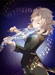 Rule 34 | 1boy, absurdres, albedo (genshin impact), autumnlll, black jacket, black sky, blue sky, braid, closed eyes, closed mouth, french braid, frills, genshin impact, gradient sky, hair between eyes, hands up, highres, holding, holding instrument, holding violin, instrument, jacket, light, light brown hair, long sleeves, male focus, music, musical note, night, night sky, open clothes, open jacket, playing instrument, purple sky, short hair, sky, solo, space, standing, star (sky), starry sky, violin