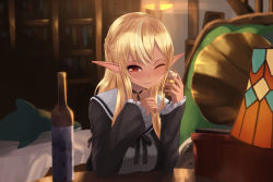 Rule 34 | 1girl, alcohol, bad id, bad pixiv id, bed, bedroom, black choker, black dress, black jacket, black ribbon, blonde hair, blush, bookshelf, braid, breasts, cait aron, choker, closed mouth, collarbone, commentary request, cup, dark-skinned female, dark skin, dress, drinking glass, elf, french braid, hololive, indoors, jacket, long hair, looking at viewer, medium breasts, multicolored hair, official alternate costume, one eye closed, open clothes, open jacket, pinstripe dress, pinstripe pattern, pointy ears, red eyes, ribbon, sailor collar, shiranui flare, shiranui flare (street), shot glass, smile, solo, streaked hair, striped clothes, striped dress, stuffed animal, stuffed shark, stuffed toy, two-tone hair, virtual youtuber