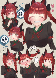 Rule 34 | &lt;|&gt; &lt;|&gt;, ..., 1girl, :o, animal ears, black bow, black shirt, blush, bow, braid, cat ears, closed eyes, commentary request, cropped torso, crying, crying with eyes open, expressions, fangs, flinch, floating skull, frilled shirt collar, frills, grey background, grin, hair bow, hair ribbon, happy, heart, highres, juliet sleeves, kaenbyou rin, long sleeves, medium hair, multiple views, neck ribbon, notice lines, puff of air, puffy sleeves, red bow, red eyes, red hair, red ribbon, ribbon, sad, shi ppo no, shirt, simple background, skull, sleeve bow, smile, spoken ellipsis, star (symbol), surprised, tears, touhou, tress ribbon, twin braids, unamused, wavy mouth