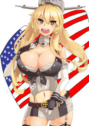 Rule 34 | 10s, 1girl, american flag, blonde hair, blue eyes, breasts, cleavage, elbow gloves, fingerless gloves, front-tie top, garter straps, gloves, highres, iga (violator), iowa (kancolle), kantai collection, large breasts, miniskirt, skirt, solo, standing, star-shaped pupils, star (symbol), symbol-shaped pupils, thighhighs