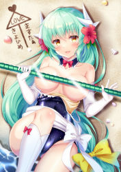 Rule 34 | 1girl, :d, bare shoulders, beach, blue collar, blue one-piece swimsuit, blush, bow, breasts, clothes pull, collar, commentary request, elbow gloves, fate/grand order, fate (series), flower, gloves, green hair, hair bow, hair flower, hair ornament, hibiscus, highres, kiyohime (fate), kiyohime (fate/grand order), kiyohime (swimsuit lancer) (fate), kiyohime (swimsuit lancer) (second ascension) (fate), kneehighs, large breasts, leg up, light censor, long hair, looking at viewer, lying, on back, one-piece swimsuit, one-piece swimsuit pull, open mouth, ponytail, red bow, red flower, school swimsuit, smile, socks, solo, suzumia (daydream), swimsuit, translation request, very long hair, water, wet, white bow, white gloves, white socks, yellow bow, yellow eyes