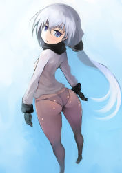 Rule 34 | 1girl, ass, back, black gloves, blue eyes, eyebrows, flat chest, gloves, highres, johan (johan13), long hair, looking at viewer, original, panties, panties under pantyhose, pantyhose, ponytail, solo, thick eyebrows, underwear, white hair, wide hips