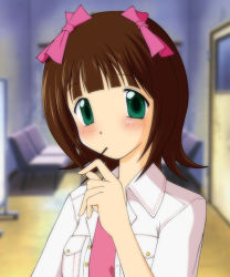 Rule 34 | 00s, 1girl, amami haruka, blush, brown hair, chair, collar, door, eating, ebihara kyousuke, food, green eyes, idolmaster, idolmaster (classic), idolmaster 1, indoors, jacket, long sleeves, looking at viewer, mouth hold, open clothes, open jacket, pocky, shirt, solo, t-shirt, table, tareme, upper body