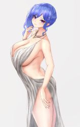 Rule 34 | 1girl, ass, azur lane, backless dress, backless outfit, bare shoulders, blue hair, blue nails, bracelet, breasts, cleavage, commentary request, dress, earrings, evening gown, from side, grey background, grey dress, hair ornament, hairclip, halter dress, halterneck, hand up, highres, jewelry, kdkaikai, large breasts, nail polish, necklace, plunging neckline, purple eyes, revealing clothes, side ponytail, sideboob, sidelocks, silver dress, smile, st. louis (azur lane), st. louis (luxurious wheels) (azur lane), thighs