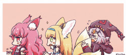 Rule 34 | &gt; &lt;, 3girls, alternate hairstyle, animal ear fluff, animal ears, arknights, bare shoulders, black headwear, black jacket, blonde hair, blue hairband, blush stickers, brown background, chibi, collared shirt, commentary request, flying sweatdrops, fox ears, fox girl, fox tail, from side, green eyes, hair ornament, hairband, hairclip, hood, hood down, hooded jacket, jacket, kitsune, long hair, multiple girls, open mouth, pink hair, popukar (arknights), profile, red eyes, shamare (arknights), shirt, sparkle, suzuran (arknights), tail, twitter username, two-tone background, very long hair, wavy mouth, white background, white shirt, x hair ornament, yodo rado