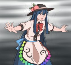 Rule 34 | 1girl, :o, apron, blue hair, bow, bowtie, constricted pupils, cowboy shot, dress, food, fruit, grey background, hat, hinanawi tenshi, mefomefo, multicolored clothes, multicolored dress, outstretched arms, peach, red eyes, shaking, silhouette, solo, touhou, trembling, waist apron