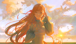 Rule 34 | 1girl, bare shoulders, blue eyes, clothing cutout, cloud, collarbone, commentary, dress, final fantasy, final fantasy xiv, grin, hair ribbon, hand on own chest, hands up, highres, horizon, hyur, light, long hair, long sleeves, looking at viewer, mixed-language commentary, orange hair, outdoors, pink ribbon, puffy sleeves, ribbon, ryne waters, shoulder cutout, sky, smile, solo, somu (dlektha1994), standing, sunlight, swept bangs, upper body, white dress