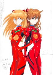 2girls, absurdres, alternate hair color, artist request, blue eyes, breasts, brown hair, dated, dual persona, highres, long hair, looking at viewer, medium breasts, multiple girls, multiple persona, neon genesis evangelion, orange hair, plugsuit, rebuild of evangelion, scan, shiny, shiny clothes, shiny hair, simple background, smile, soryu asuka langley, standing, twintails, white background