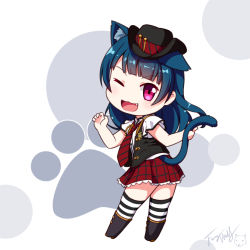 Rule 34 | 1girl, ;d, animal ear fluff, animal ears, black footwear, black hat, black vest, blue hair, blush, boots, cat ears, cat girl, cat tail, chibi, cowboy hat, hands up, hat, head tilt, highres, kemonomimi mode, knee boots, langbazi, long hair, looking at viewer, looking back, love live!, love live! school idol festival, love live! sunshine!!, one eye closed, open clothes, open mouth, open vest, pleated skirt, purple eyes, red skirt, shirt, short sleeves, signature, skirt, smile, solo, striped clothes, striped thighhighs, tail, tail raised, thighhighs, thighhighs under boots, tsushima yoshiko, v-shaped eyebrows, vest, white shirt