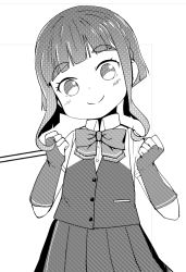Rule 34 | 1girl, bob cut, bow, bowtie, braid, clenched hands, commentary request, fingerless gloves, gloves, greyscale, kantai collection, looking at viewer, monochrome, nassukun, pleated skirt, school uniform, short hair, short hair with long locks, short sleeves, sidelocks, skirt, smile, solo, takanami (kancolle), takanami kai ni (kancolle), thick eyebrows, vest