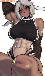 1girl :/ abs alternate_hair_length alternate_hairstyle animal_ears armpits bare_shoulders black_panties black_shirt blush boku_no_hero_academia breasts commentary crescent_print cropped_torso dark-skinned_female dark_skin elbow_gloves female_focus fishnet_gloves fishnets frilled_panties frilled_shirt frills fur_collar gloves highleg highleg_panties highres large_breasts long_eyelashes looking_to_the_side maid maid_headdress mirko muscular muscular_female navel panties parted_bangs patreon_username rabbit_ears rabbit_girl raised_eyebrow red_eyes shirt short_hair sideboob simple_background sitting sleeveless sleeveless_shirt solo stomach stopu symbol-only_commentary thick_thighs thighs toned_female unconventional_maid underwear white_background white_hair