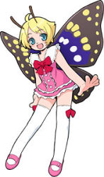 Rule 34 | 1boy, :d, antennae, blonde hair, blue eyes, butterfly wings, fairy, full body, insect wings, lowres, male focus, mary janes, official art, open mouth, pink footwear, shimon (shimotsuma), shimotsuma, shoes, short hair, simple background, smile, solo, thighhighs, trap, white background, white thighhighs, wings